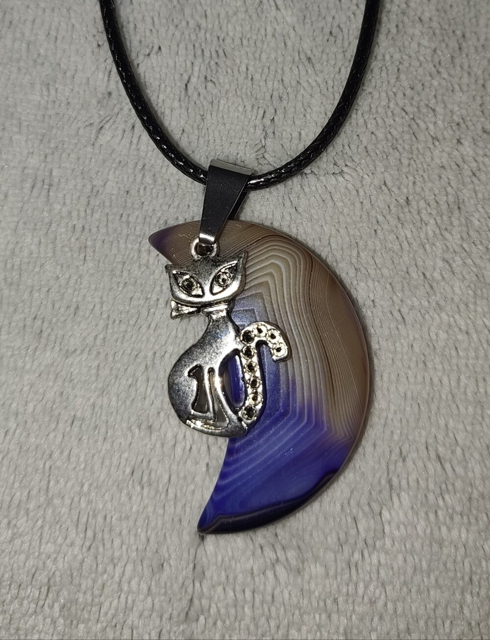 Silver Cat Pendant Necklace with Purple-Brown Agate Stone - Handmade Jewelry